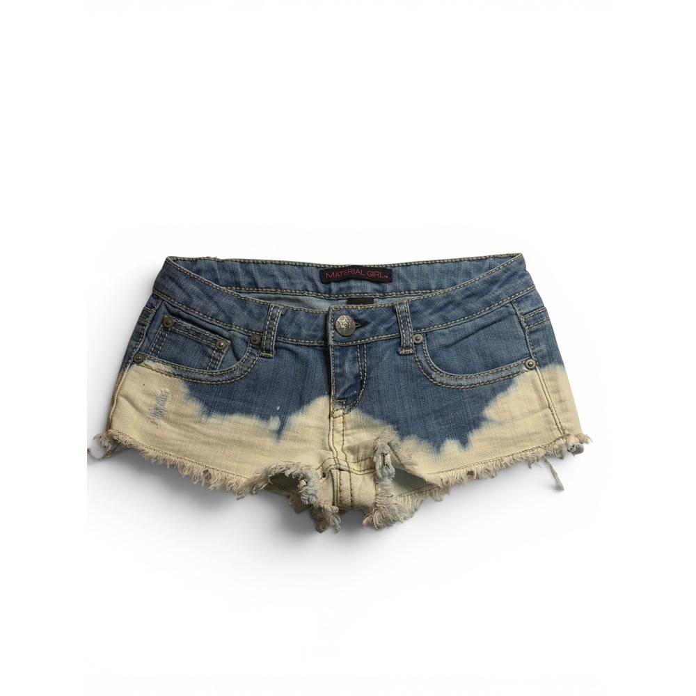 Material Girl Denim Low Shorts Blue Bleached Dip Dye Raw Hem Distressed 1 Womens